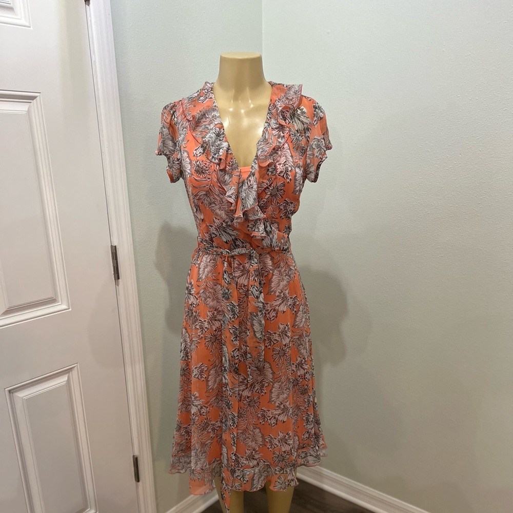 MSK Coral Floral Ruffle Wrap Dress